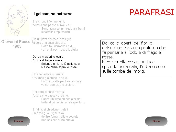 Il gelsomino notturno PARAFRASI E s'aprono i fiori notturni, nell'ora che penso a' miei