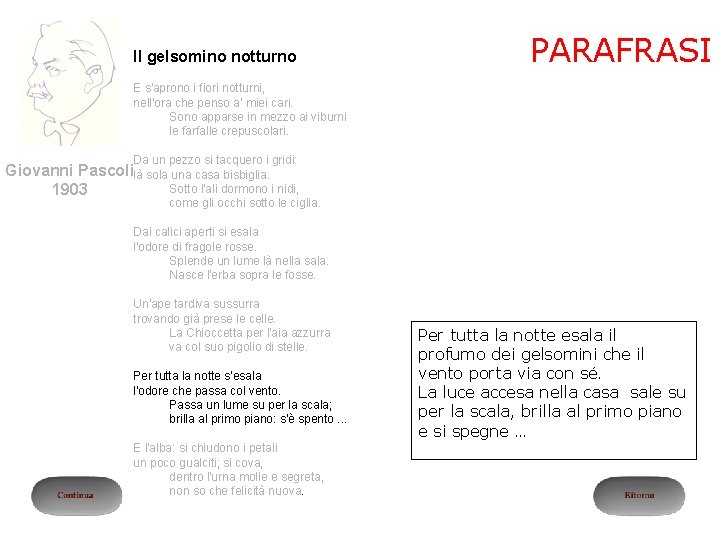 Il gelsomino notturno PARAFRASI E s'aprono i fiori notturni, nell'ora che penso a' miei