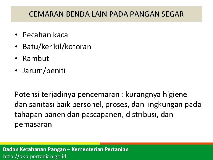 CEMARAN BENDA LAIN PADA PANGAN SEGAR • • Pecahan kaca Batu/kerikil/kotoran Rambut Jarum/peniti Potensi