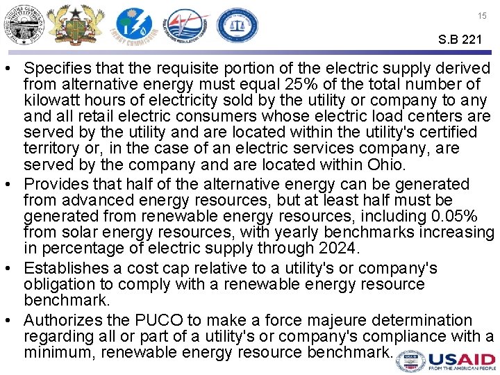 15 S. B 221 • Specifies that the requisite portion of the electric supply