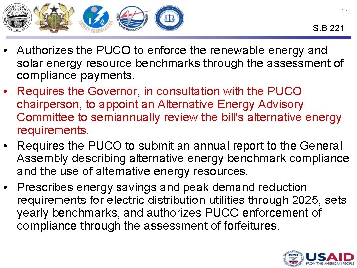 16 S. B 221 • Authorizes the PUCO to enforce the renewable energy and