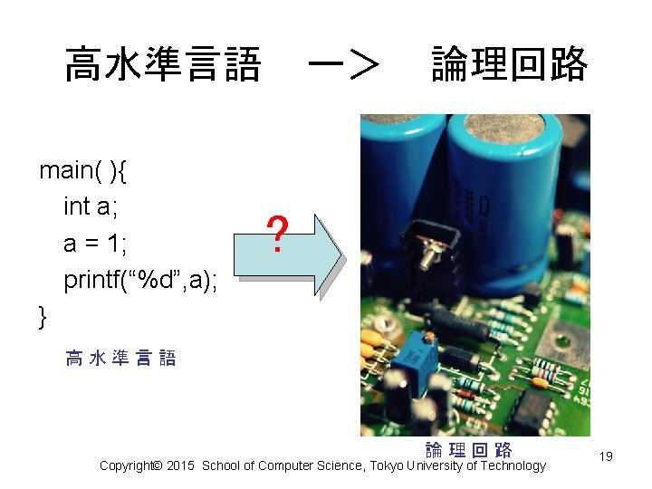 高水準言語 main( ){ int a; a = 1; printf(“%d”, a); } ー＞ 論理回路 ?