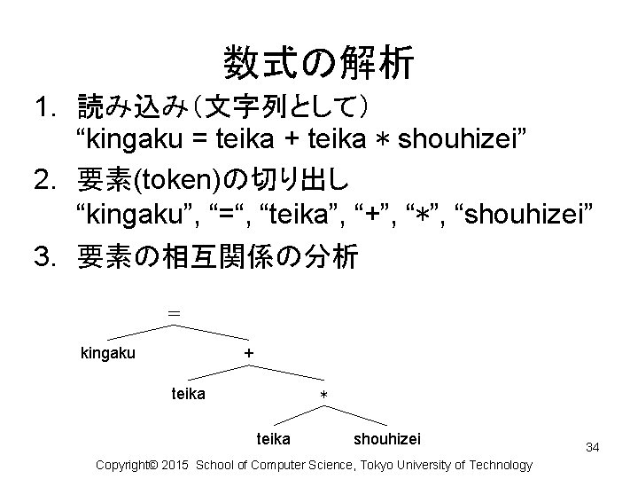数式の解析 1. 読み込み（文字列として） “kingaku = teika + teika * shouhizei” 2. 要素(token)の切り出し “kingaku”, “=“,