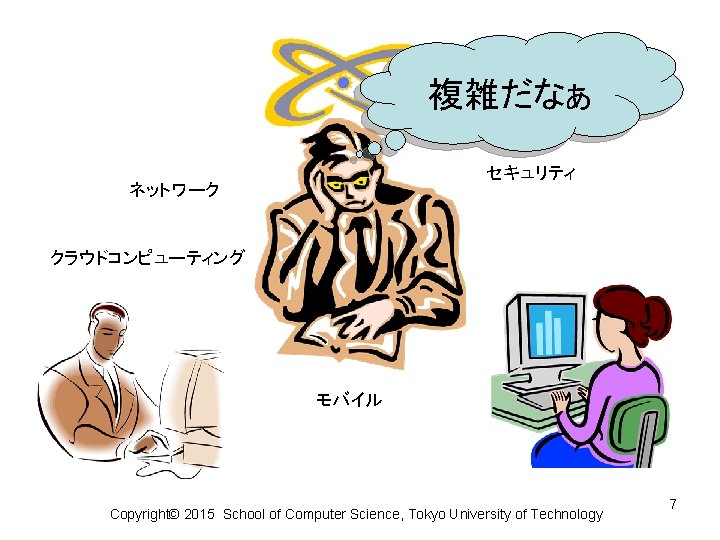 複雑だなぁ セキュリティ ネットワーク クラウドコンピューティング モバイル Copyright© 2015 School of Computer Science, Tokyo University of