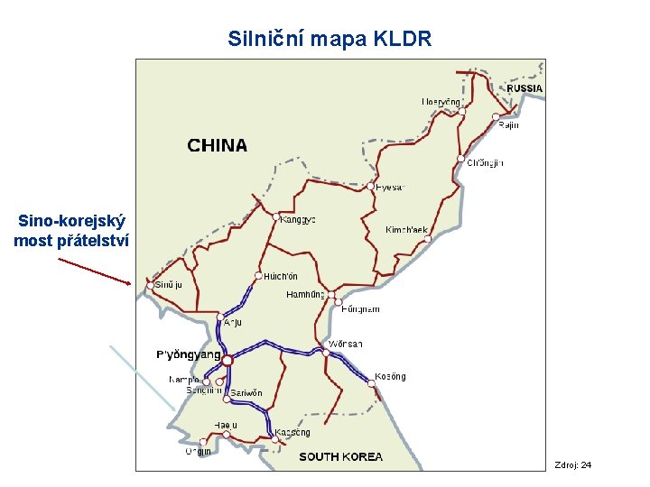 Silniční mapa KLDR Sino-korejský most přátelství Zdroj: 24 