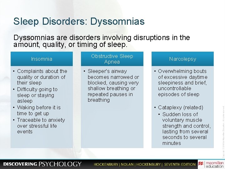 Sleep Disorders: Dyssomnias are disorders involving disruptions in the amount, quality, or timing of