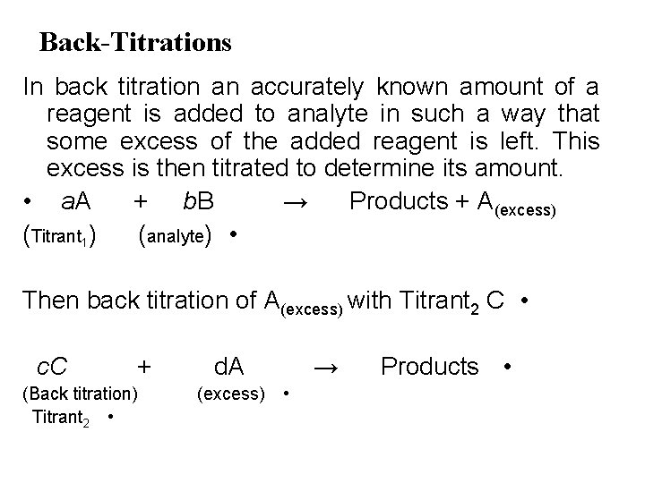 Back-Titrations In back titration an accurately known amount of a reagent is added to