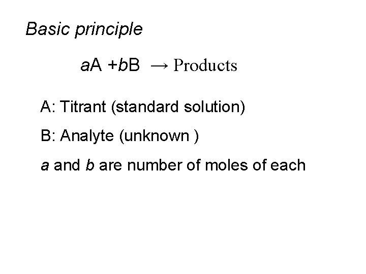Basic principle a. A +b. B → Products A: Titrant (standard solution) B: Analyte