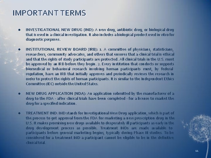 IMPORTANT TERMS INVESTIGATIONAL NEW DRUG (IND): A new drug, antibiotic drug, or biological drug