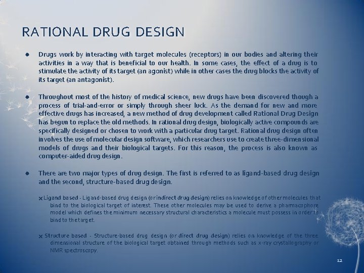 RATIONAL DRUG DESIGN Drugs work by interacting with target molecules (receptors) in our bodies