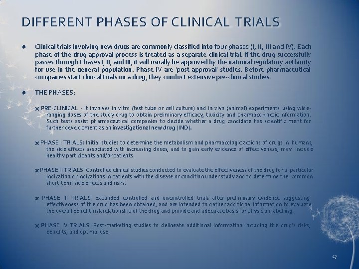 DIFFERENT PHASES OF CLINICAL TRIALS Clinical trials involving new drugs are commonly classified into