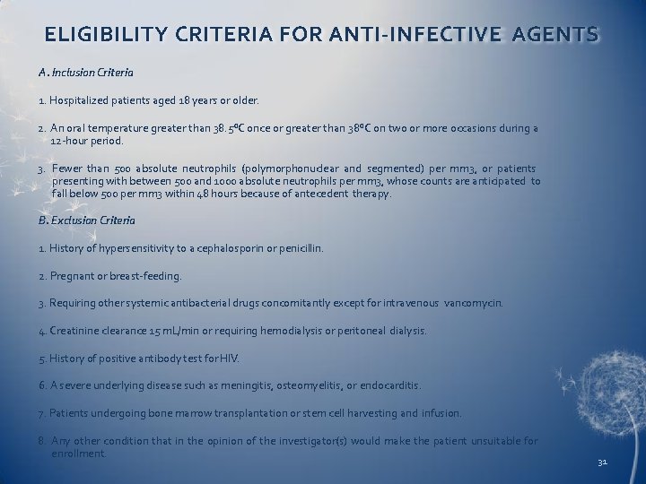 ELIGIBILITY CRITERIA FOR ANTI-INFECTIVE AGENTS A. Inclusion Criteria 1. Hospitalized patients aged 18 years