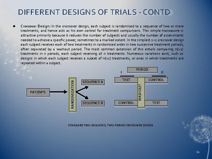 DIFFERENT DESIGNS OF TRIALS - CONTD Crossover Design: In the crossover design, each subject