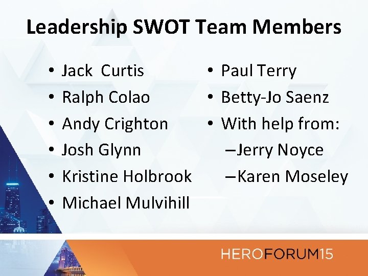 Leadership SWOT Team Members • • • Jack Curtis • Paul Terry Ralph Colao