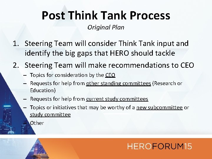 Post Think Tank Process Original Plan 1. Steering Team will consider Think Tank input