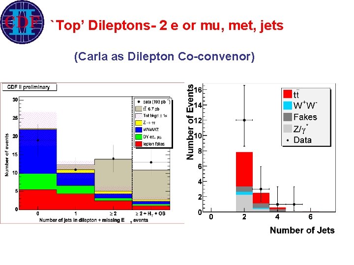 `Top’ Dileptons- 2 e or mu, met, jets (Carla as Dilepton Co-convenor) 