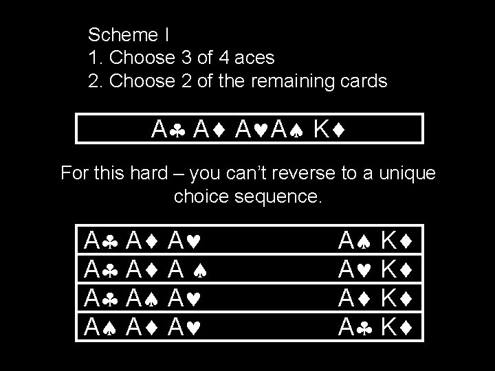 Scheme I 1. Choose 3 of 4 aces 2. Choose 2 of the remaining