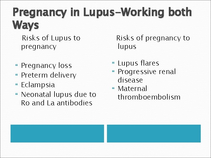 Pregnancy in Lupus-Working both Ways Risks of Lupus to pregnancy Pregnancy loss Preterm delivery