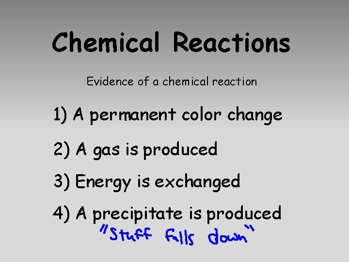 Chemical Reactions Evidence of a chemical reaction 1) A permanent color change 2) A