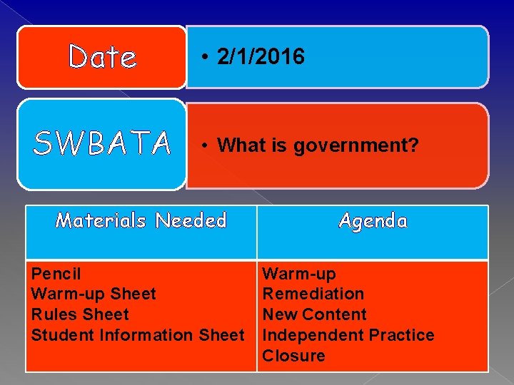 Date SWBATA • 2/1/2016 • What is government? Materials Needed Pencil Warm-up Sheet Rules