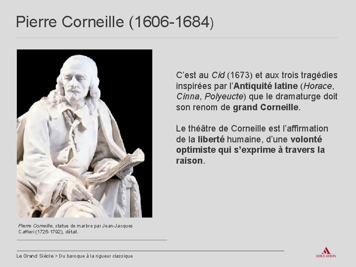 Pierre Corneille (1606 -1684) C’est au Cid (1673) et aux trois tragédies inspirées par