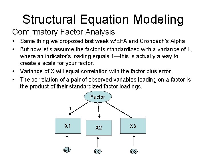 Structural Equation Modeling Confirmatory Factor Analysis • Same thing we proposed last week w/EFA