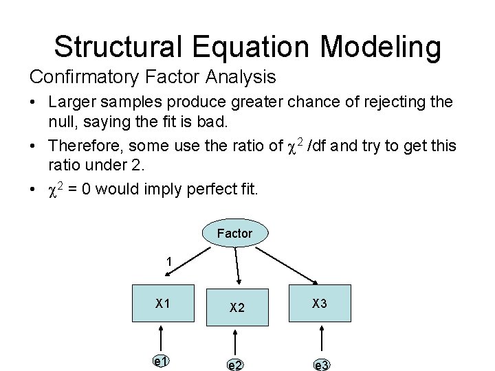 Structural Equation Modeling Confirmatory Factor Analysis • Larger samples produce greater chance of rejecting