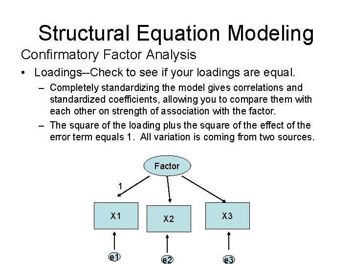 Structural Equation Modeling Confirmatory Factor Analysis • Loadings--Check to see if your loadings are