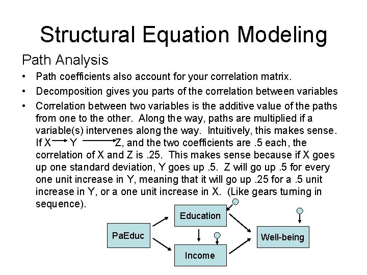 Structural Equation Modeling Path Analysis • Path coefficients also account for your correlation matrix.