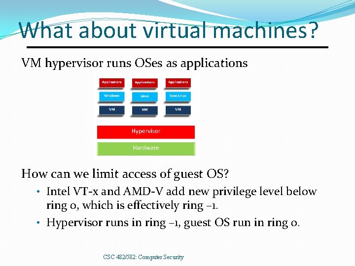 What about virtual machines? VM hypervisor runs OSes as applications How can we limit