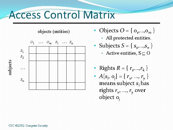 Access Control Matrix objects (entities) o 1 … om s 1 … sn subjects