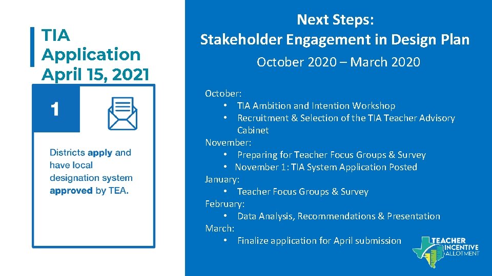 TIA Application April 15, 2021 Next Steps: Stakeholder Engagement in Design Plan October 2020