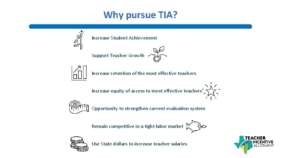 Why pursue TIA? Increase Student Achievement Support Teacher Growth Increase retention of the most