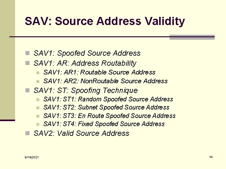 SAV: Source Address Validity n SAV 1: Spoofed Source Address n SAV 1: AR: