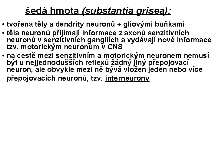 šedá hmota (substantia grisea): • tvořena těly a dendrity neuronů + gliovými buňkami •