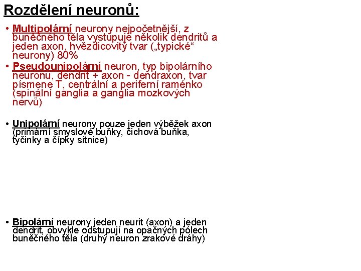 Rozdělení neuronů: • Multipolární neurony nejpočetnější, z buněčného těla vystupuje několik dendritů a jeden