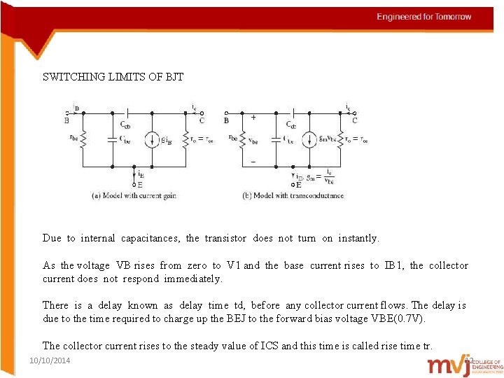 SWITCHING LIMITS OF BJT Due to internal capacitances, the transistor does not turn on