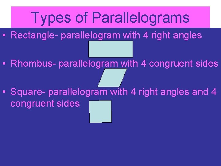 Types of Parallelograms • Rectangle- parallelogram with 4 right angles • Rhombus- parallelogram with