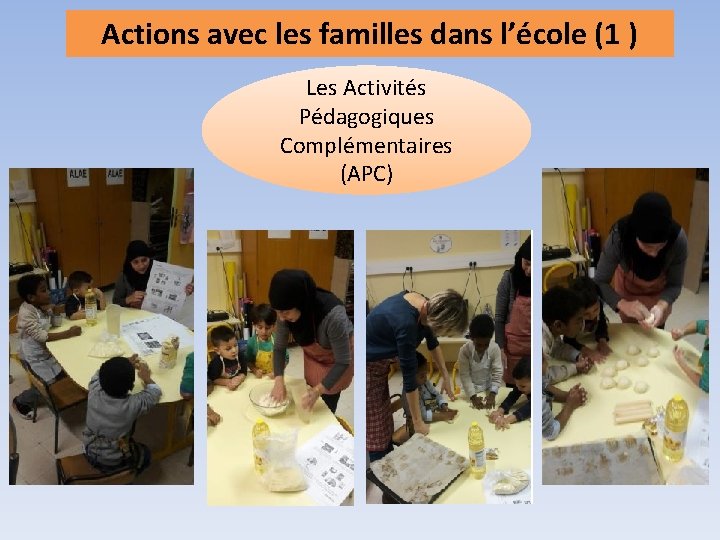 Actions avec les familles dans l’école (1 ) Les Activités Pédagogiques Complémentaires (APC) 