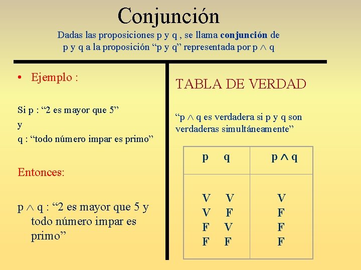 Conjunción Dadas las proposiciones p y q , se llama conjunción de p y