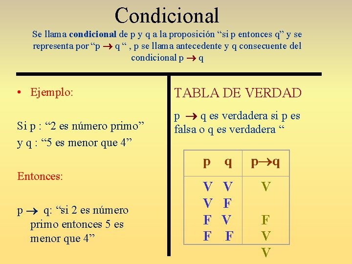 Condicional Se llama condicional de p y q a la proposición “si p entonces