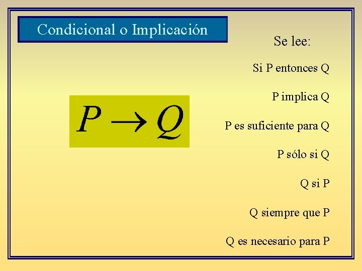 Condicional o Implicación Se lee: Si P entonces Q P implica Q P es