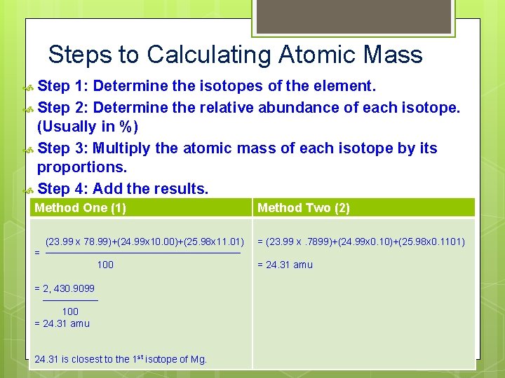 Steps to Calculating Atomic Mass Step 1: Determine the isotopes of the element. Step