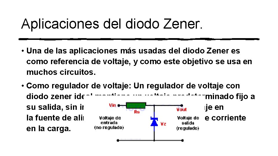 Aplicaciones del diodo Zener. • Una de las aplicaciones más usadas del diodo Zener