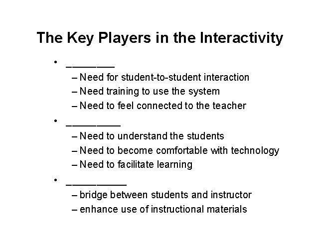The Key Players in the Interactivity • ____ – Need for student-to-student interaction –