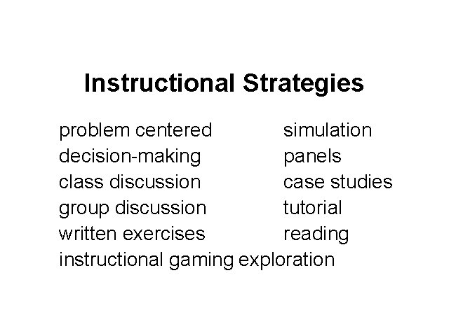 Instructional Strategies problem centered simulation decision-making panels class discussion case studies group discussion tutorial