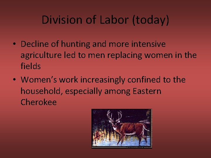 Division of Labor (today) • Decline of hunting and more intensive agriculture led to