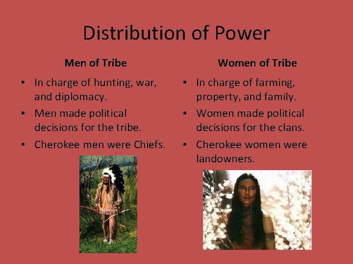 Distribution of Power Men of Tribe • In charge of hunting, war, and diplomacy.