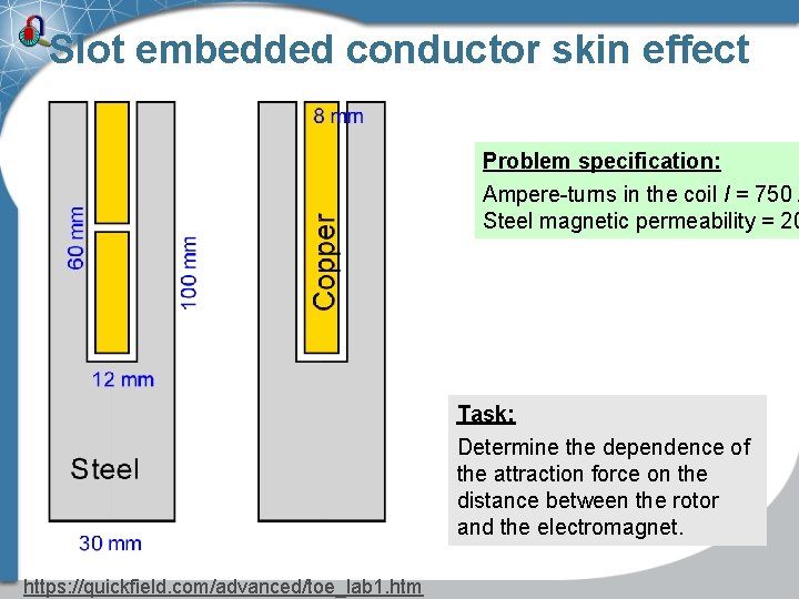 Slot embedded conductor skin effect Problem specification: Ampere-turns in the coil I = 750 Slot embedded conductor skin effect Problem specification: Ampere-turns in the coil I = 750