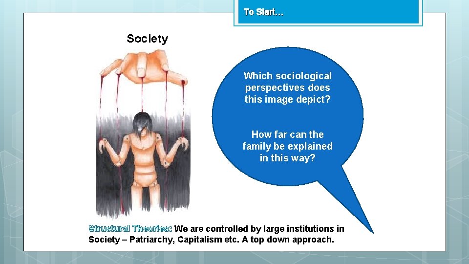 To Start… Society Which sociological perspectives does this image depict? How far can the